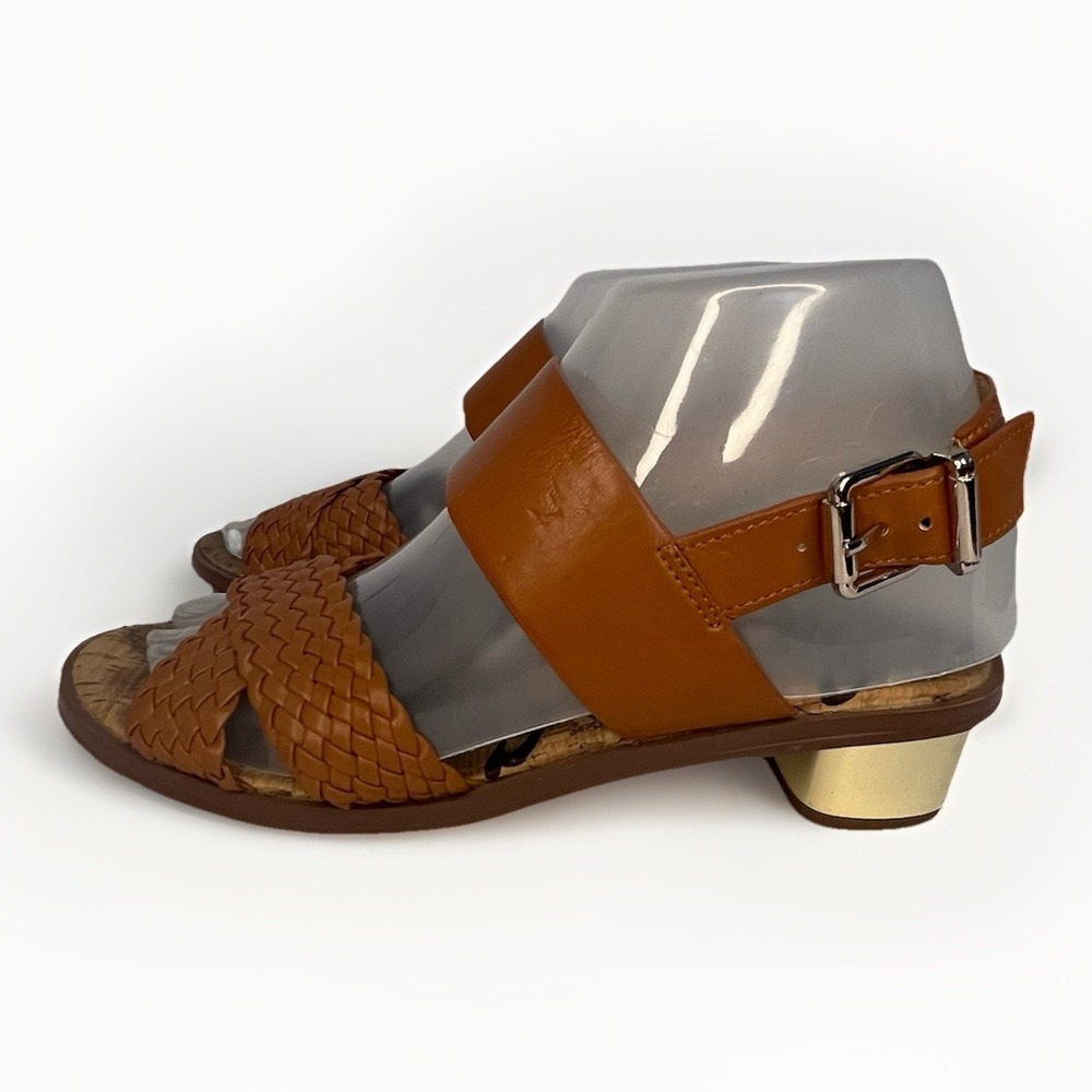 Sam Edelman Teena 2 Sandals 7M Tan Woven Strap Cork Footbed Gold Heel - Picture 2 of 11